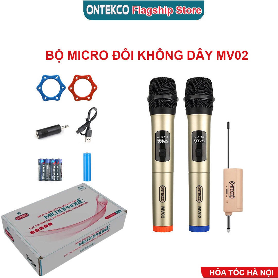 [bh 12 tháng] bộ 02 micro karaoke không dây chính hãng ontekco mv02 vàng karaoke chuyên nghiệp thích hợp loa kéo, âm ly