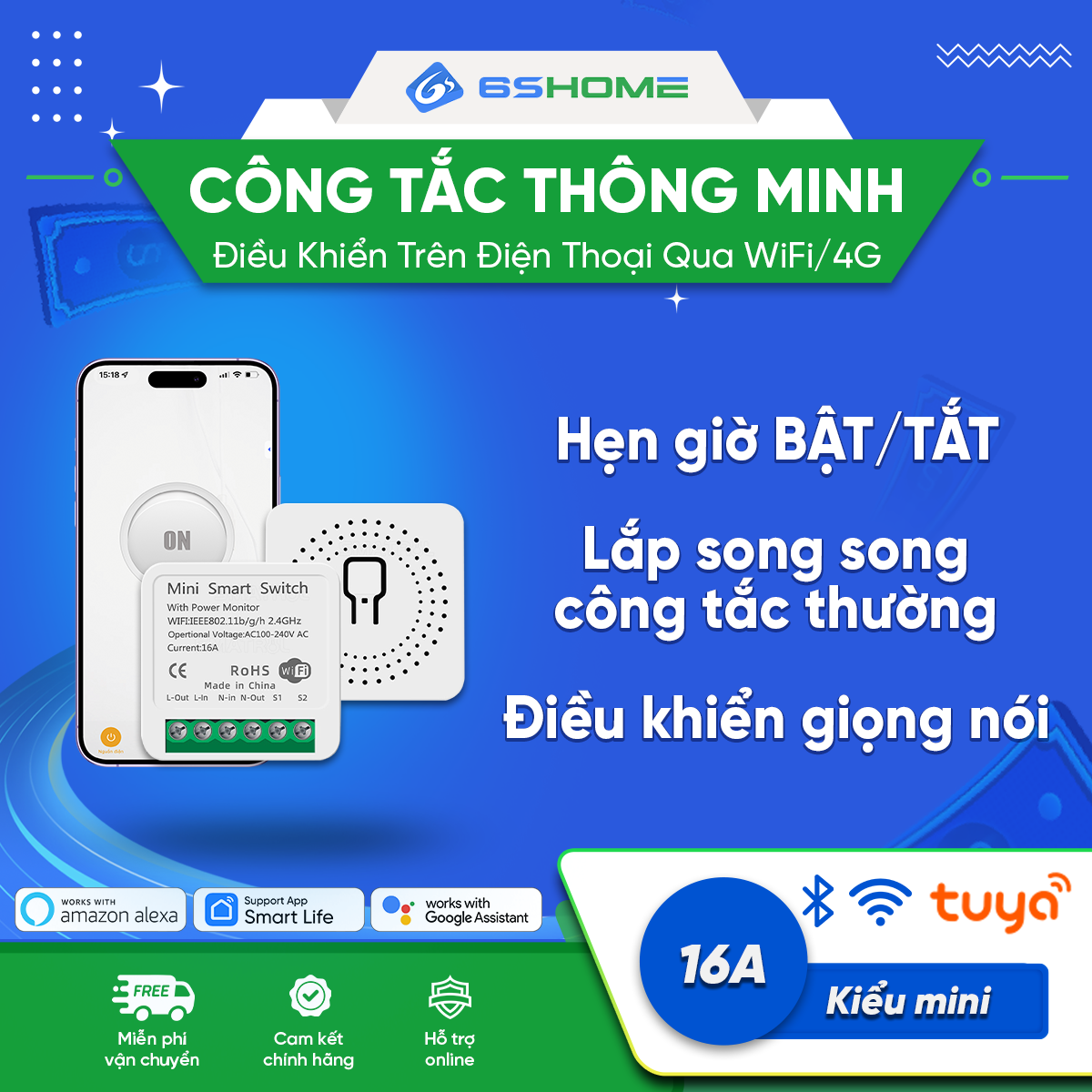 Công Tắc Thông Minh 16A Điều Khiển Từ Xa Qua Điện Thoại bằng WIFI, 3G, 4G, Hẹn Giờ Bật Tắt, App Tuya, Smart Life, Google