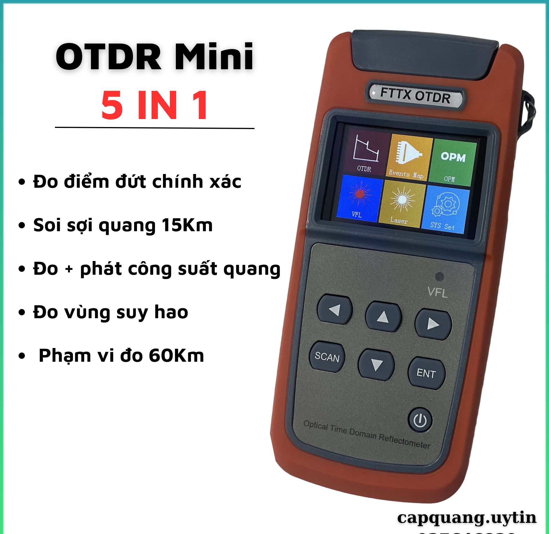 Máy đo OTDR Mini cầm tay,chế độ 5 IN 1: đo điểm đứt, suy hao, soi quang, đo công suất, lưu tập tin đo