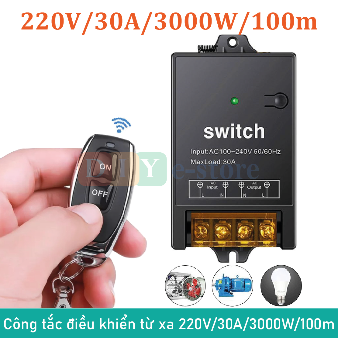 Công tắc điều khiển từ xa 220v/30a/3000w/100m điều khiển máy bơm, quạt, thiết bị điện