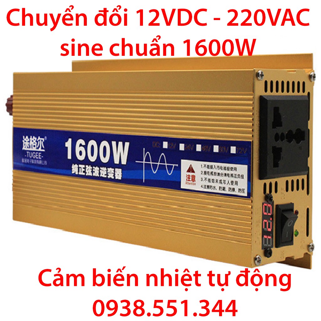Bộ đổi điện 1600w sin chuẩn - đổi điện 12v lên 220v - đổi nguồn 12v - 220v sine chuẩn như điện lưới