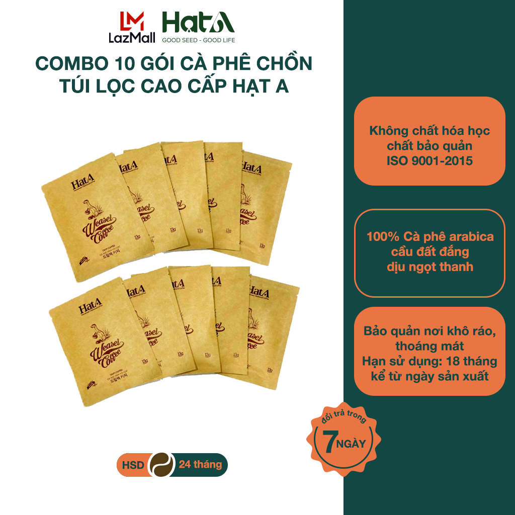 Combo 10 gói cà phê chồn túi lọc cao cấp Hạt A 13g/gói, Cafe Weasel legend Drip Nguyên chất 100%, phin giấy tiện lợi, tiết kiệm thời gian.