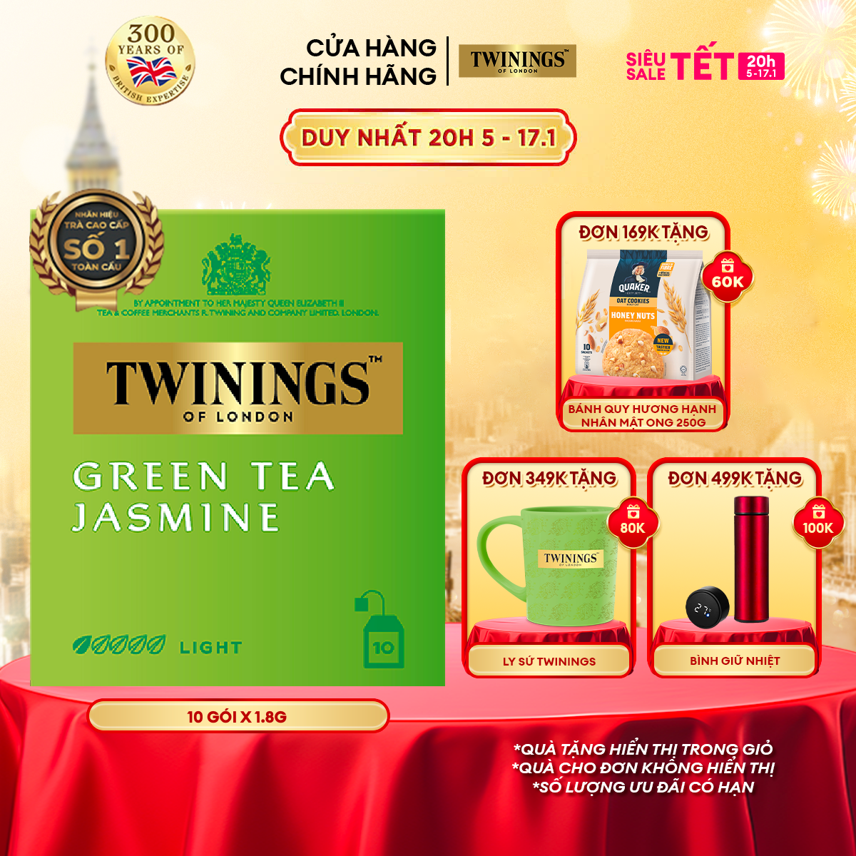 Trà xanh Túi Lọc Hương Hoa Nhài Twinings Green Tea Jasmine - Hộp 10 Gói 1.8G