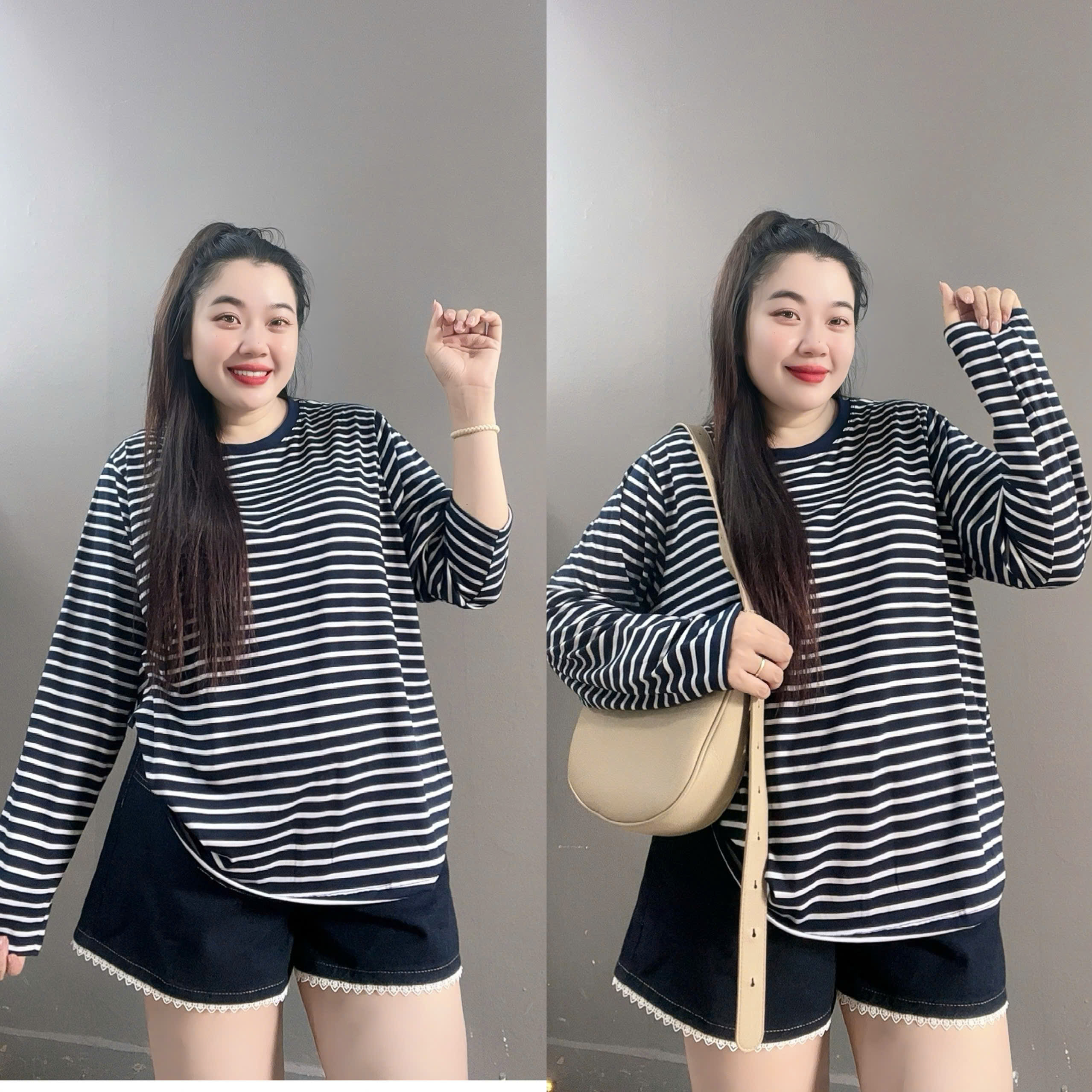  Áo thun tay dài sọc ngang unisex form rộng Bigsize Nữ chất cotton co giãn thoải mái 50-92kg A296 