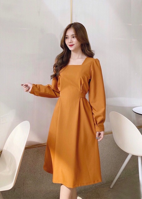 Đầm cam tay dài nơ eo ms108