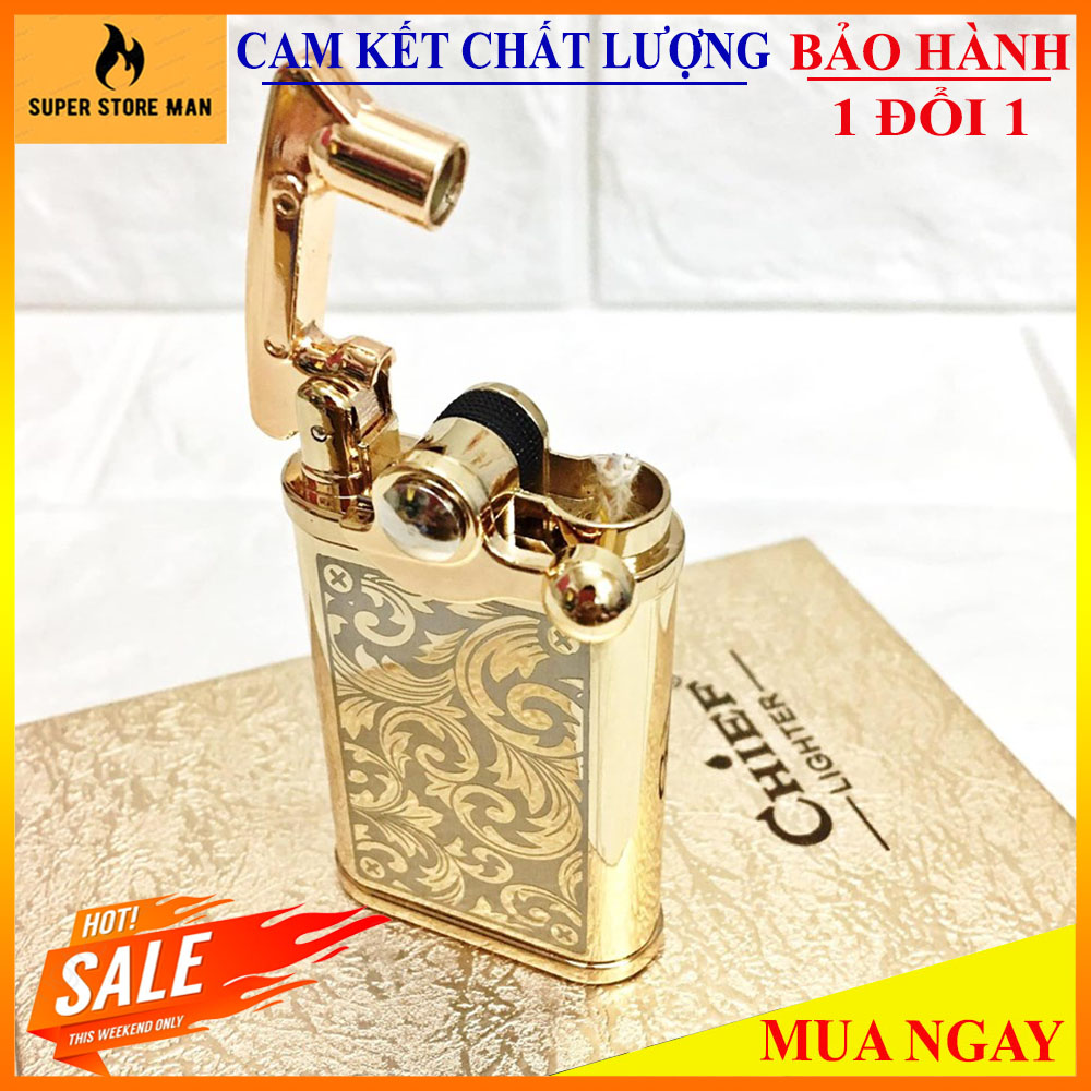 [HCM][HOT-SALE] Bật Lửa Hộp Quẹt XăngĐá Búng Tay - Mạ Chrome Khắc Hoa Văn Cao Cấp – CHIEF Búng Tay Đánh Lửa Độc Đáo - Hàng Xịn Full Box #Vàng Khắc Hoa Văn
