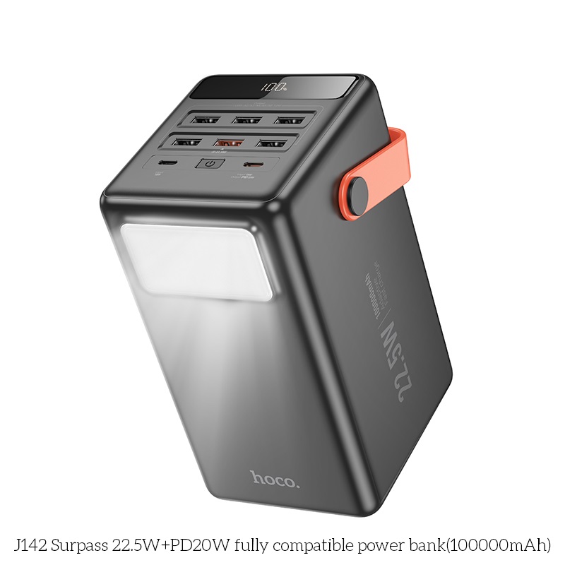Pin dự phòng Hoco J142 100000mAh QC 3.0 22.5W và TypeC PD 20W, Có đèn Led (Đen) - Phụ Kiện 1986