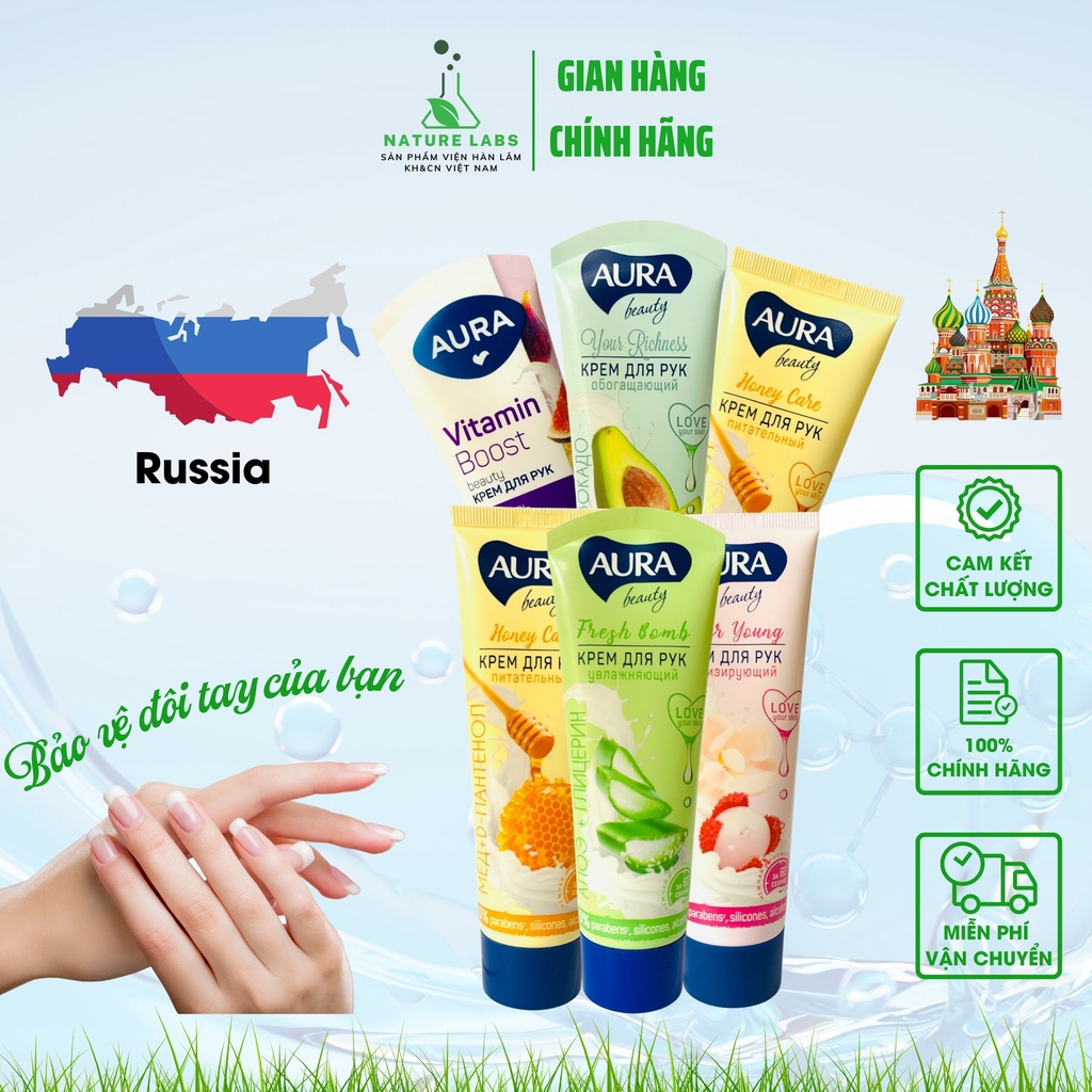 Kem dưỡng da tay, kem tay chân hand cream Nga AURA dưỡng trắng, làm mềm tay chân, tuýp 75ml