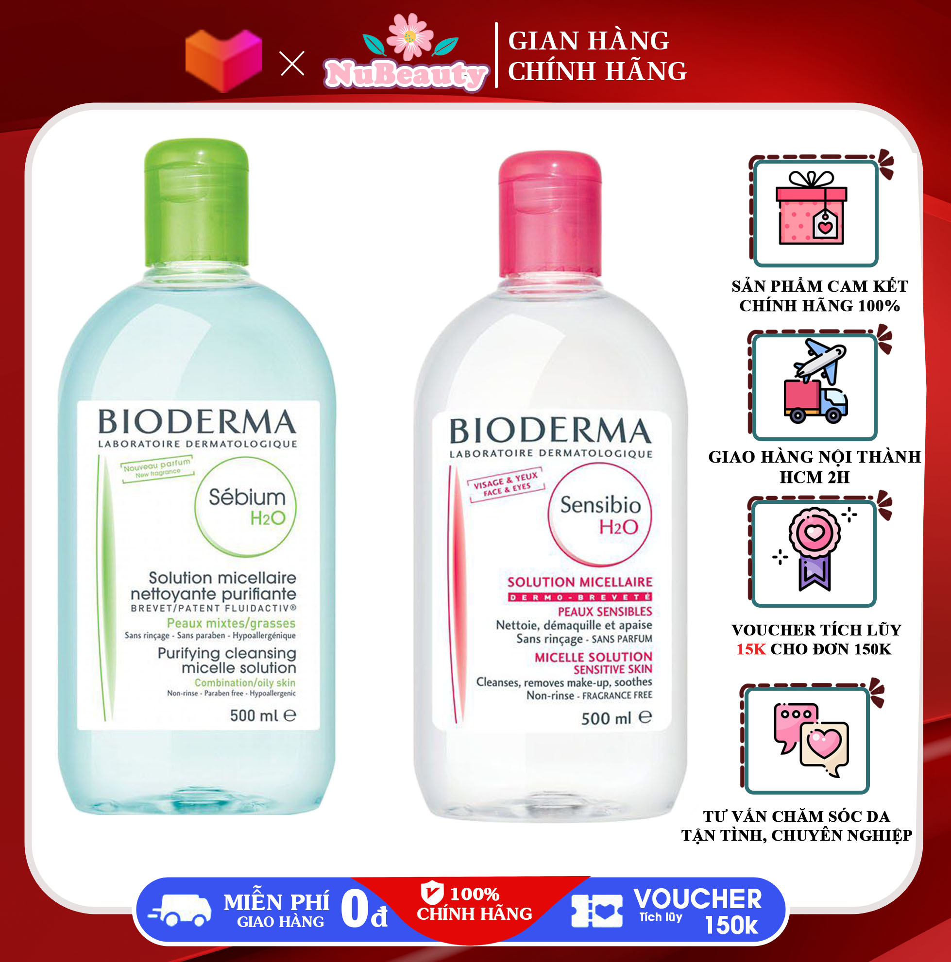 "CHÍNH HÃNG" Nước tẩy trang bioderma solution micellaire 500ml, Nuoc tay trang dành cho da nhạy cảm công nghệ micellar sensibio H2O 500ml, Tẩy trang dành cho da dầu Bio-derma 500ml, 100ml Dành cho mọi loại da, kể cả da nhạy cảm và da mụn