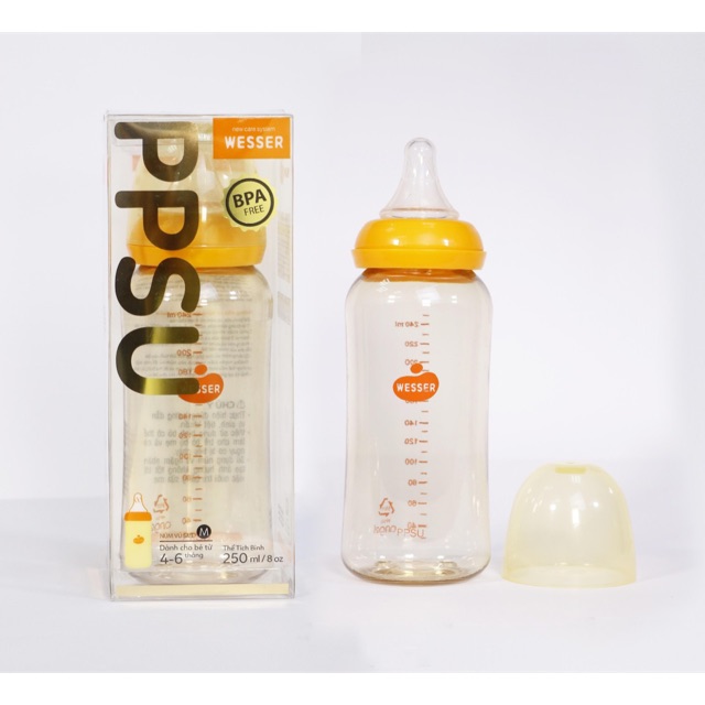 Bình sữa PPSU Wesser cổ hẹp 250ml, không chứa BPA ( Núm vú size M )