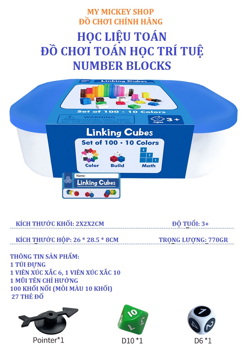 Numberblocks đồ chơi học liệu toán học 100 viên 10 màu giáo dục sớm học