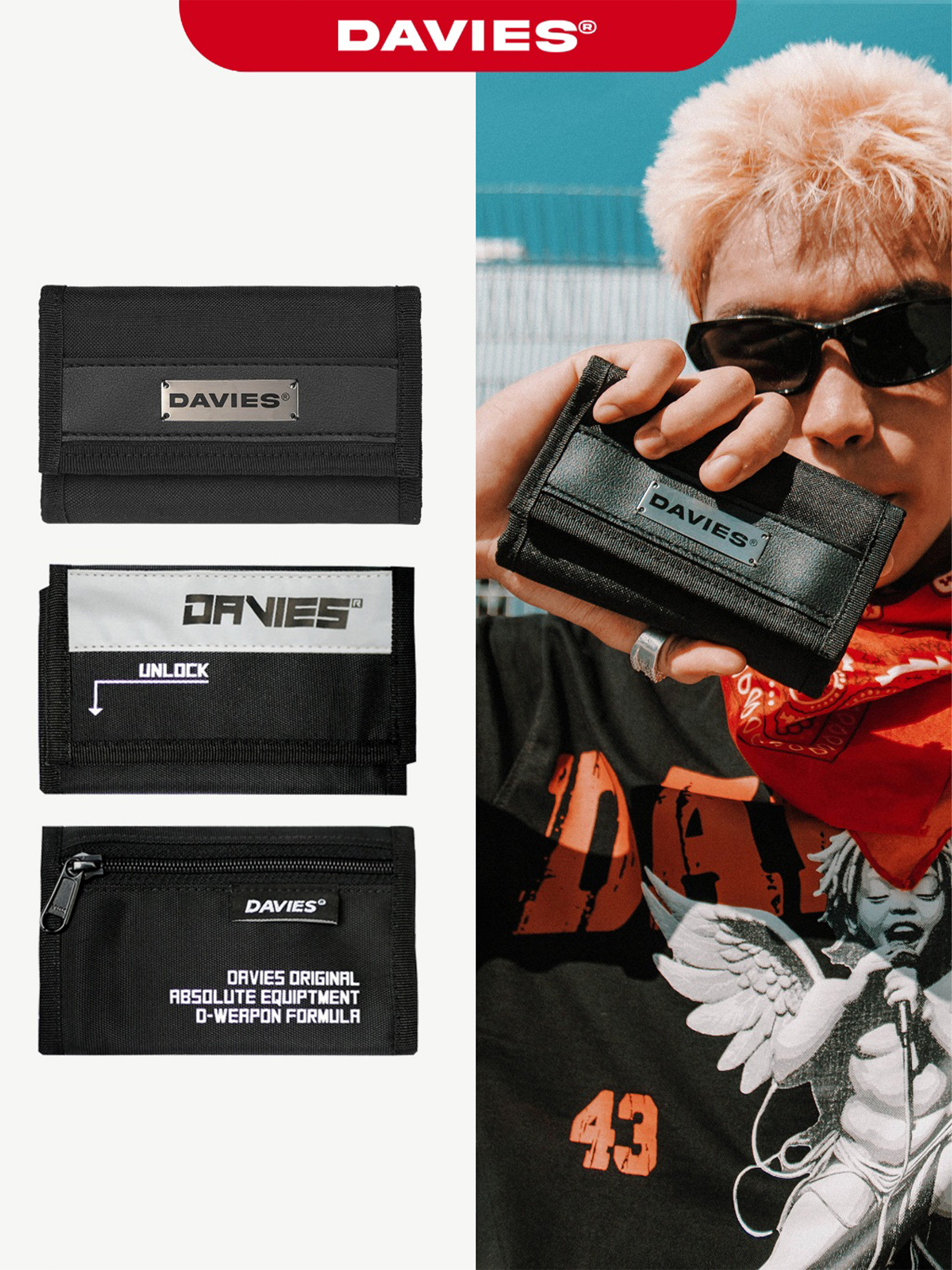 Bóp ví nam nữ cầm tay canvas phản quang - Wallet màu đen Warrior local brand Davies