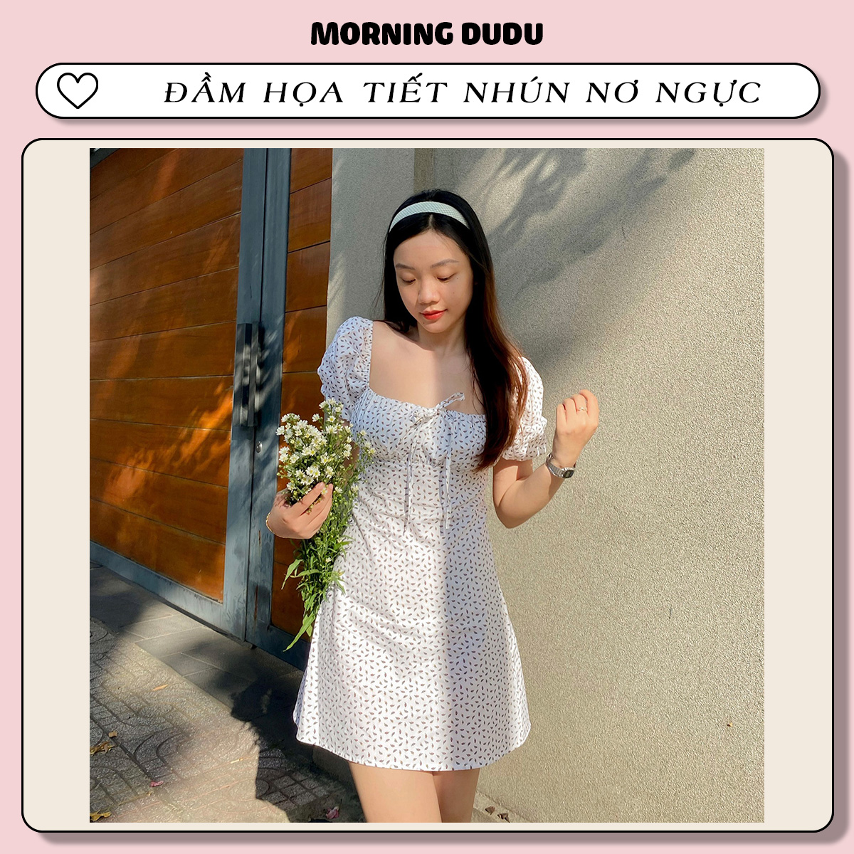 Đầm họa tiết nhún nơ ngực- callie dress