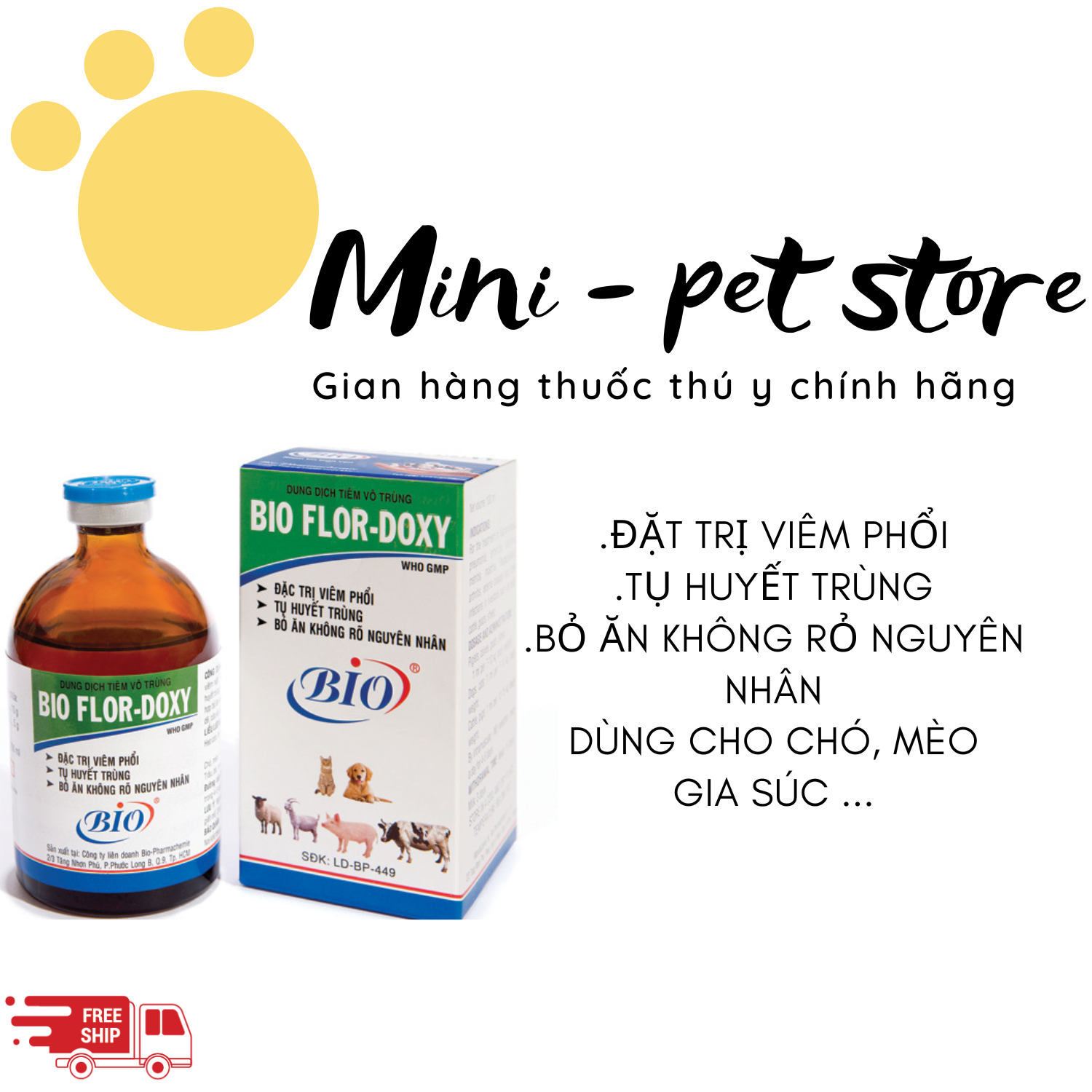 [100ML ] VIÊM PHỔI, HEN, TỤ HUYẾT TRÙNG, BỎ ĂN KHÔNG RÕ NGUYÊN NHÂN CHO CHÓ, MÈO, HEO, BÊ, NGHE, DÊ, CỪU GIA SÚC, GIA CẦM - FLOR DOXY , THÚ Y BIO