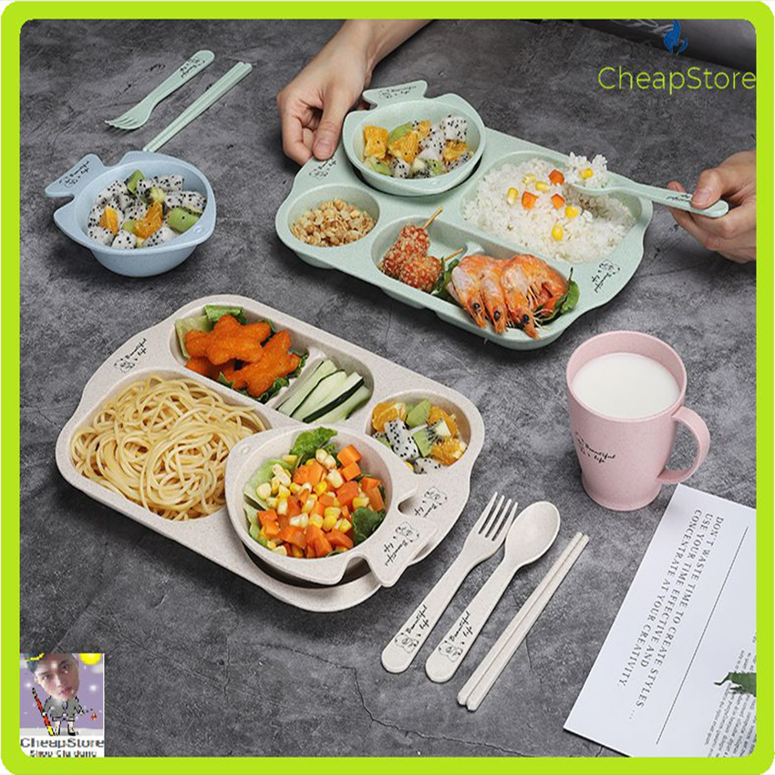 Bộ Khay ăn dặm lúa mạch hình cá, Bát ăn dặm lúa mạch 6 món, Dĩa Chén tập ăn cho bé , Dụng cụ ăn dặm cho bé