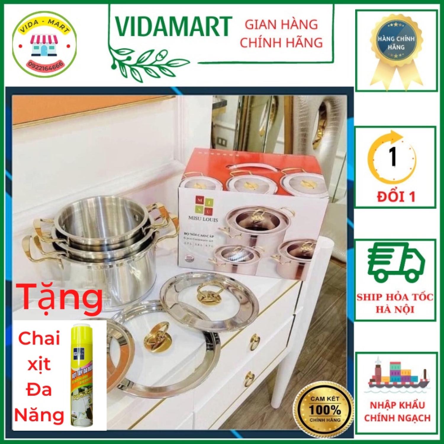 Bộ 3 nồi misu louis inox 304 cao cấp - bộ nồi inox đáy 3 lớp nguyên khối sử dụng cho mọi loại bếp