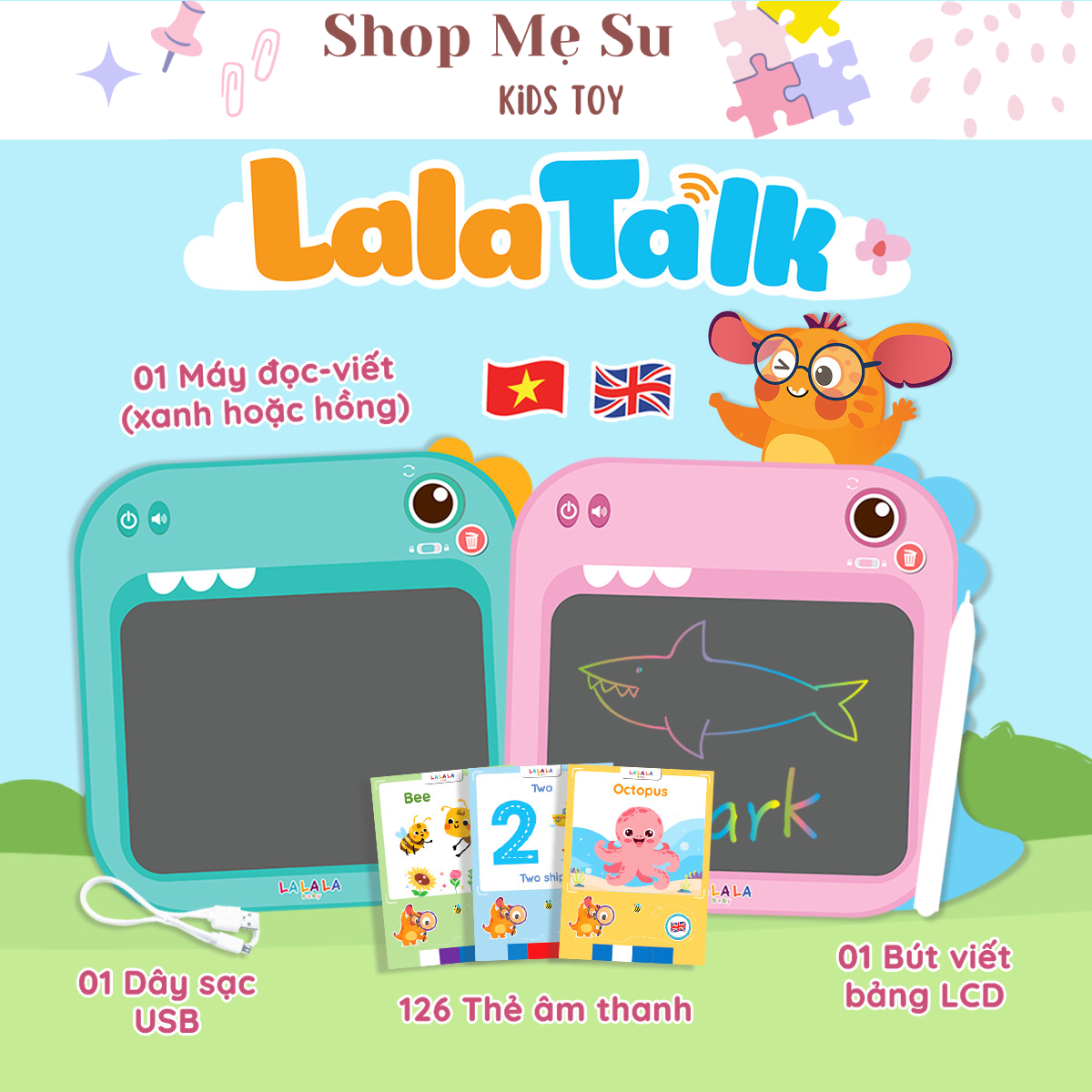 Máy đọc viết LalaTalk song ngữ kết hợp bảng viết tự xóa LCD thông minh cho bé