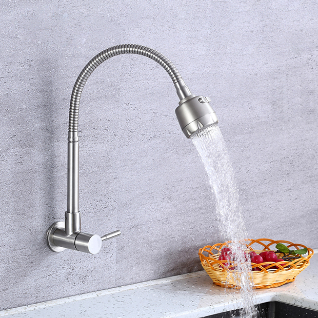 Vòi rửa chén bát lạnh gắn tường loại cần mềm 2 chế độ nước chất liệu inox cao cấp chống gỉ
