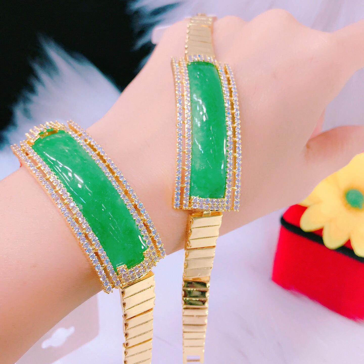 Lắc tay nữ đẹp, lắc tay mạ vàng thật mạ bạc nữ cao cấp bản ngang chữ nhật đá cẩm thạch xanh ngọc đính pha lê sáng lấp lánh xinh đẹp sang trọng - trang sức nữ, lắc tay đẹp, lắc cẩm thạch