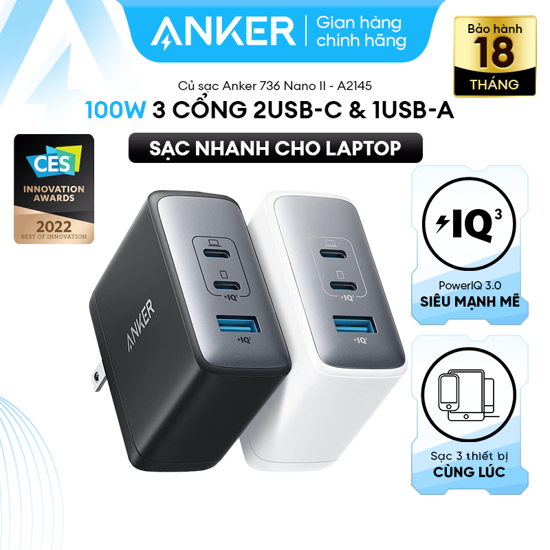 Củ sạc anker 736 nano ii 100w - 3 cổng 2usb-c & 1usb - a2145