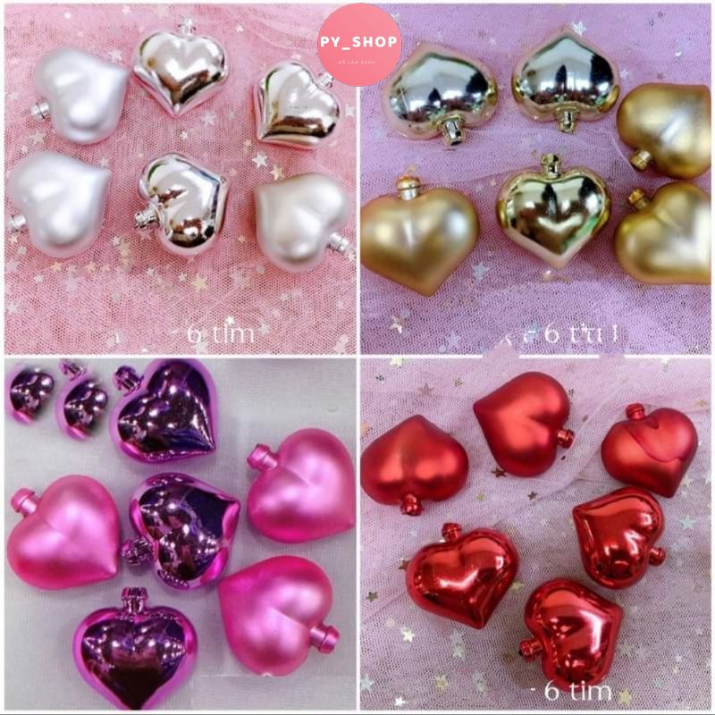 Set 6 tim nhựa trang trí bánh kem, bi nhựa hình trái tim