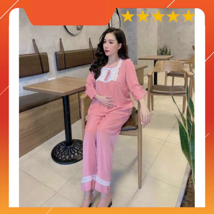 Bộ bầu Dài lụa Hàn VM Mom và cho con bú khoá kéo fressize 40-70kg, quần có chun tăng giảm mặc cả bầu to và sau sinh cho bé ti