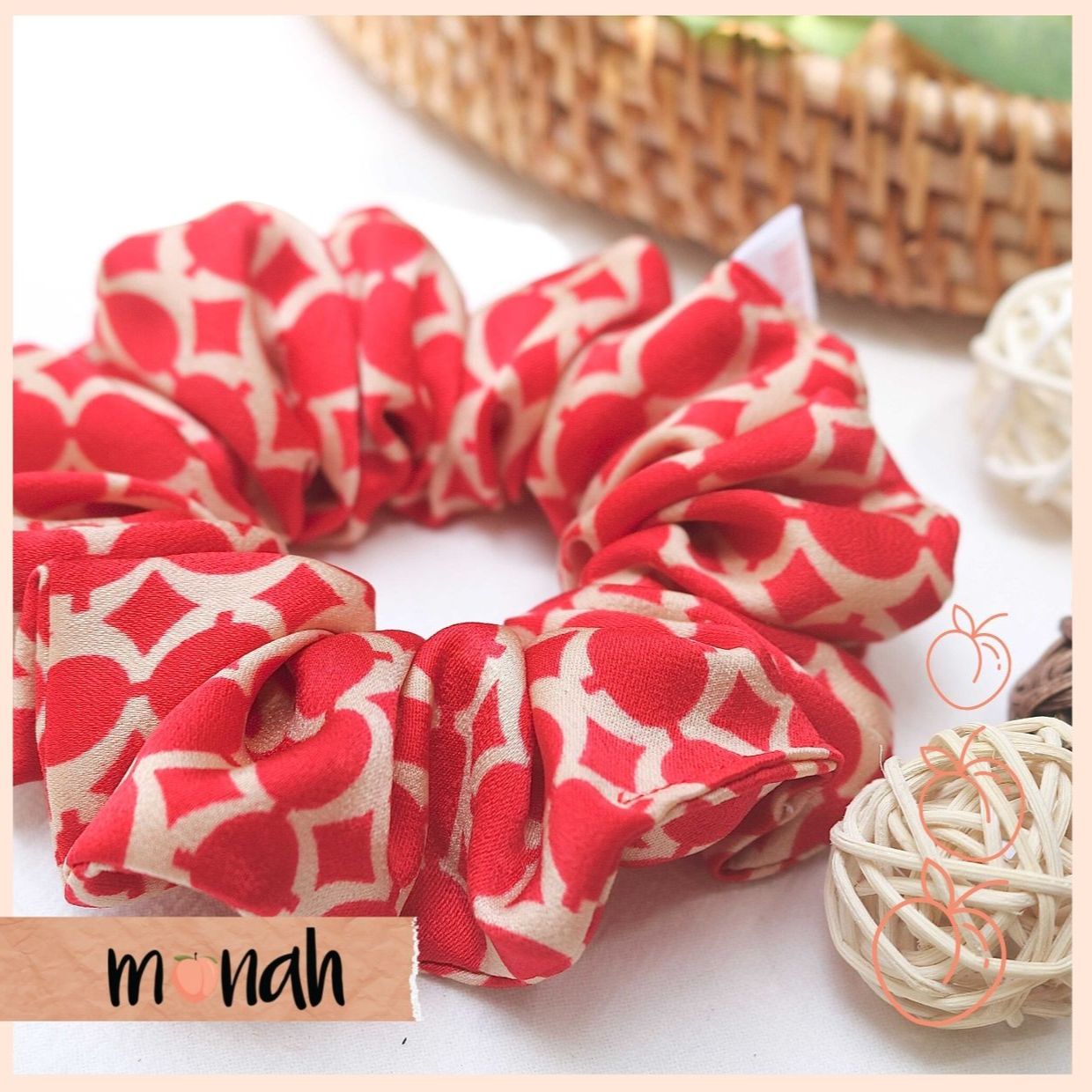 Dây buộc tóc cột tóc scrunchie lụa Hàn đỏ họa tiết sang trọng