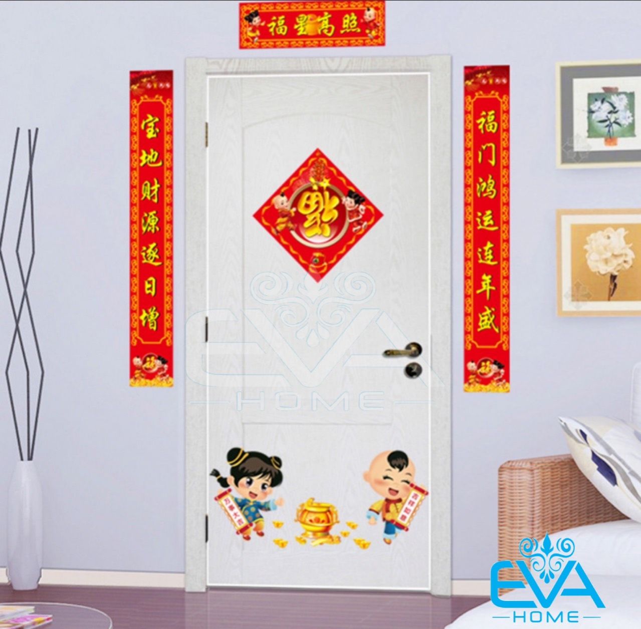 Decal dán tường dán kính trang trí tết họa tiết câu liễn và đôi bé đón tết ay9209 m3148