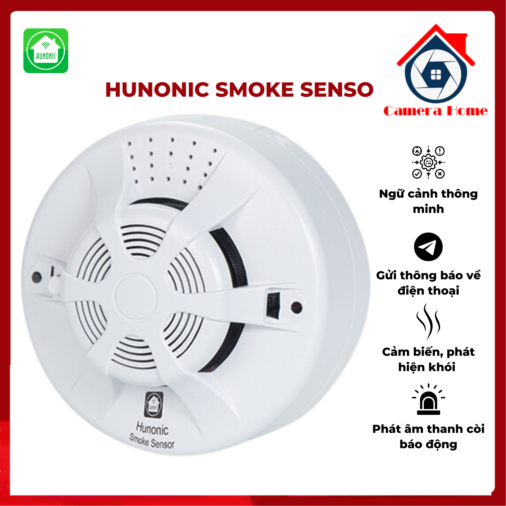 Bộ cảm biến khói hunonic smoke sensor - gửi thông báo về điện thoại, cảm biến, phát hiện khói, phát âm thanh còi báo động - camera home