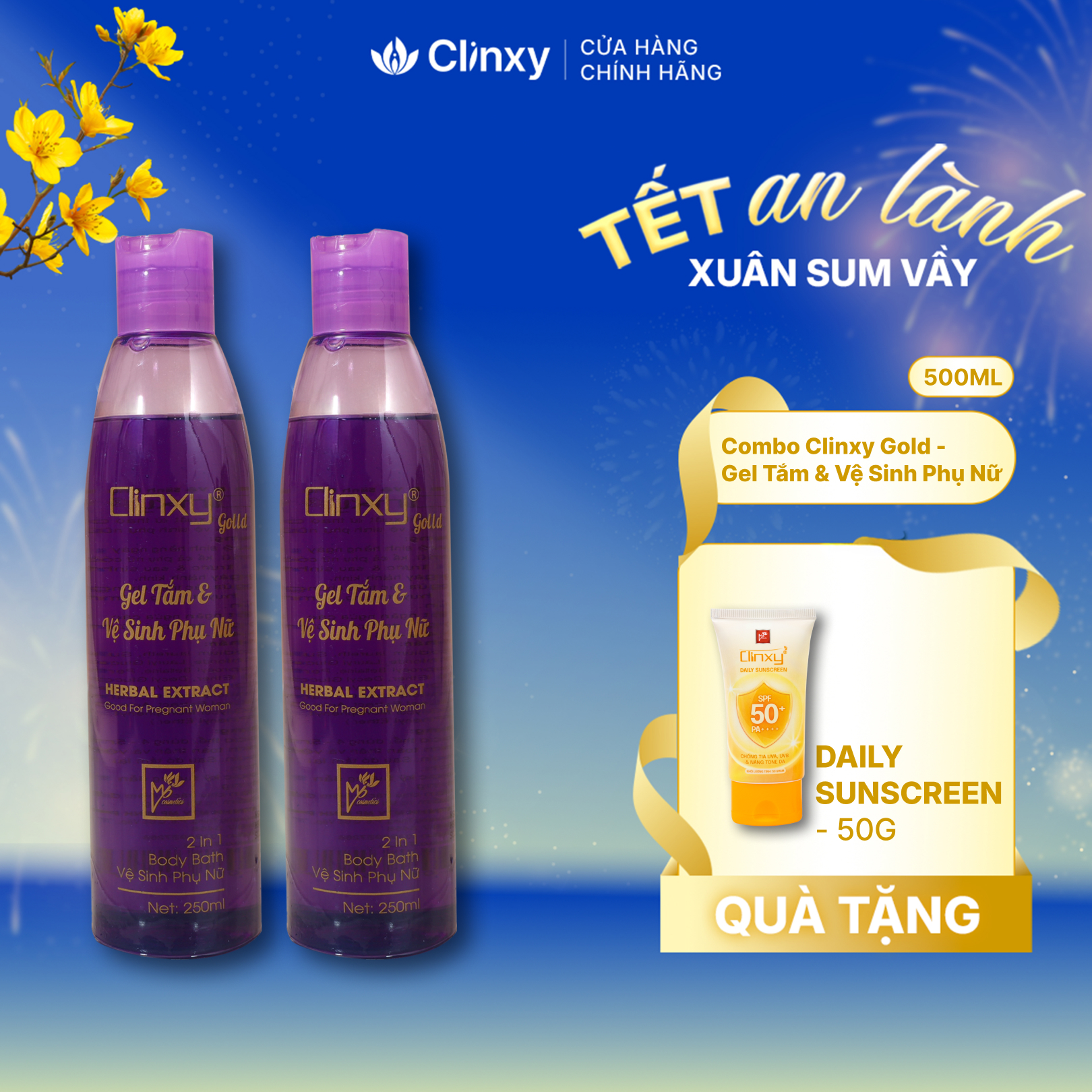(Combo 2 Chai) Dung Dịch Gel Tắm Và Vệ Sinh Phụ Nữ Clinxy Gold Dịu Nhẹ An Toàn Dùng Hằng Ngày - Hàng Chính Hãng (250ml)