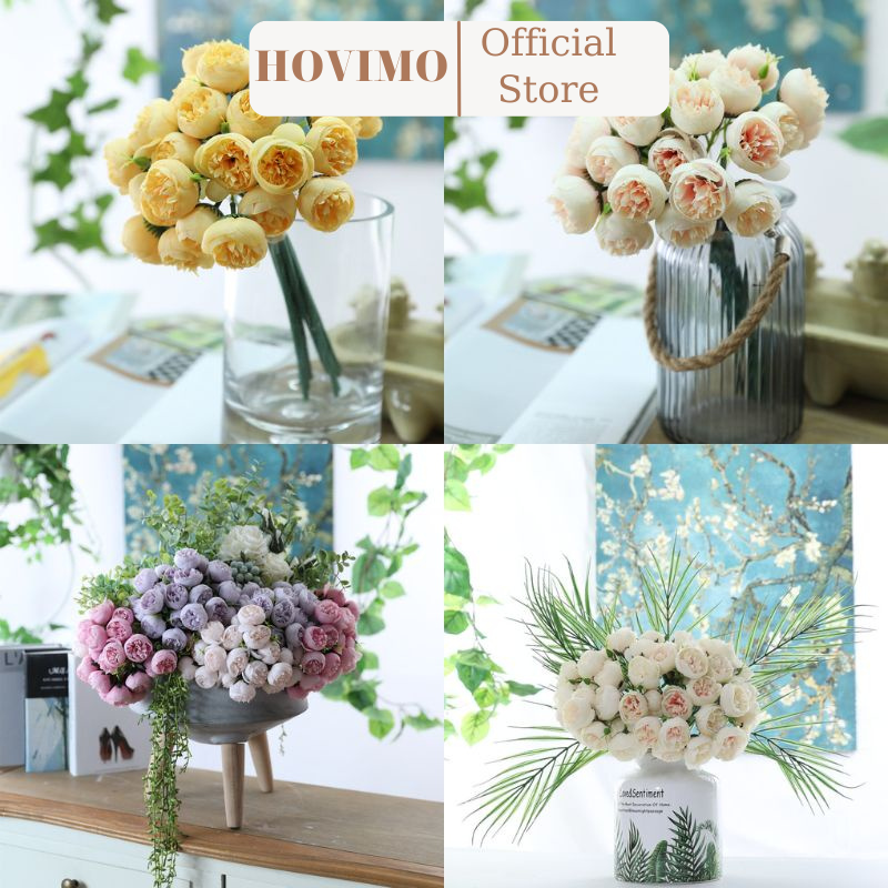 Hoa giả bó 27 bông hoa hồng lụa trang trí decor nhà cửa cành 28cm nhiều màu Hovimo