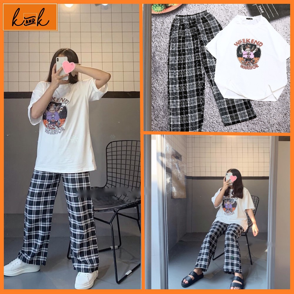 Quần kẻ caro ống rộng nữ culottes unisex ulzzang