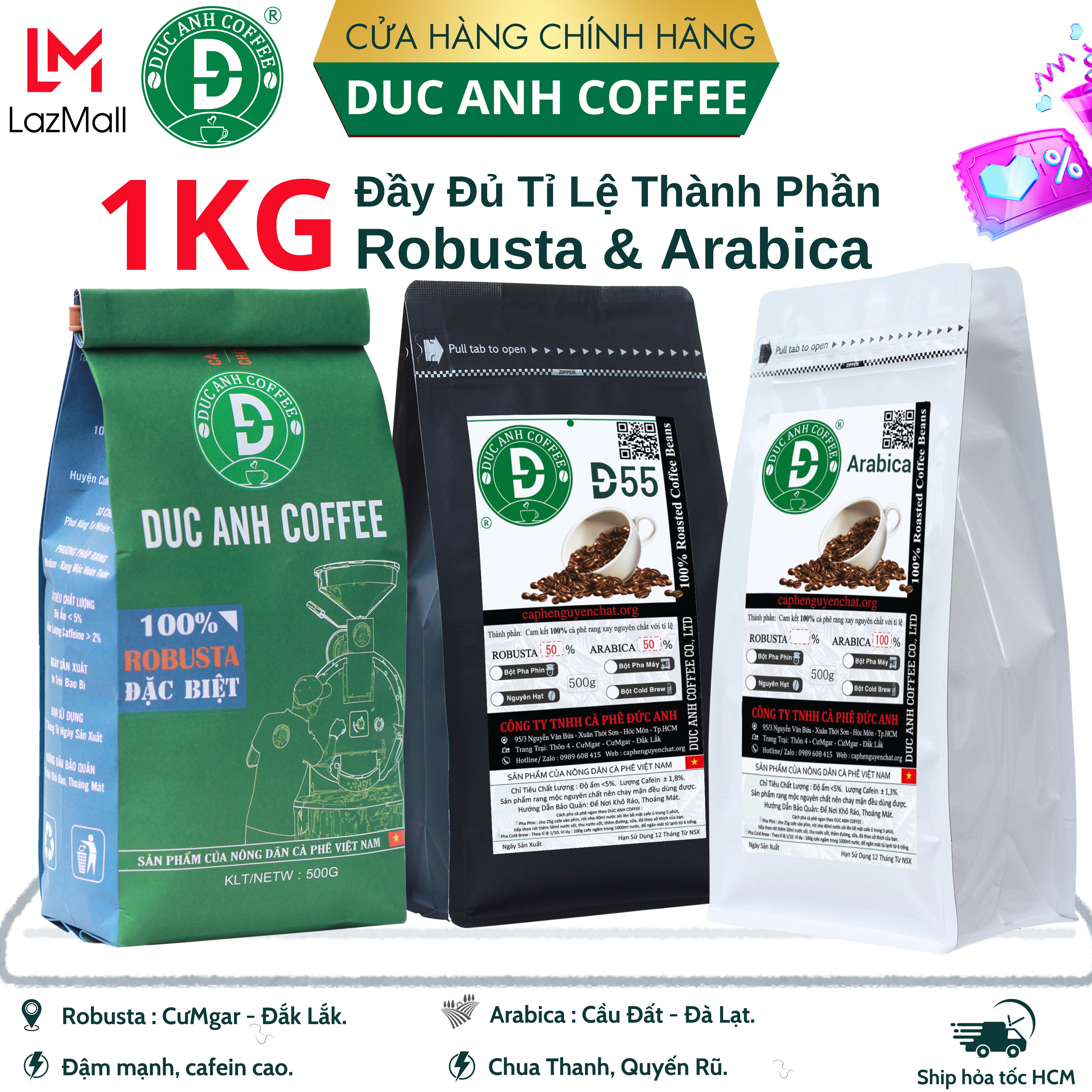 [Trợ giá] 1Kg cà phê rang mộc đầy đủ tỉ lệ Robusta và Arabica DUC ANH COFFEE - Nguyên Chất xay pha phin,  nguyên hạt, xay bột pha máy,  pha cold brew, đậm đà, hậu ngọt từ Buôn Ma Thuột và Cầu Đất - Flash sale