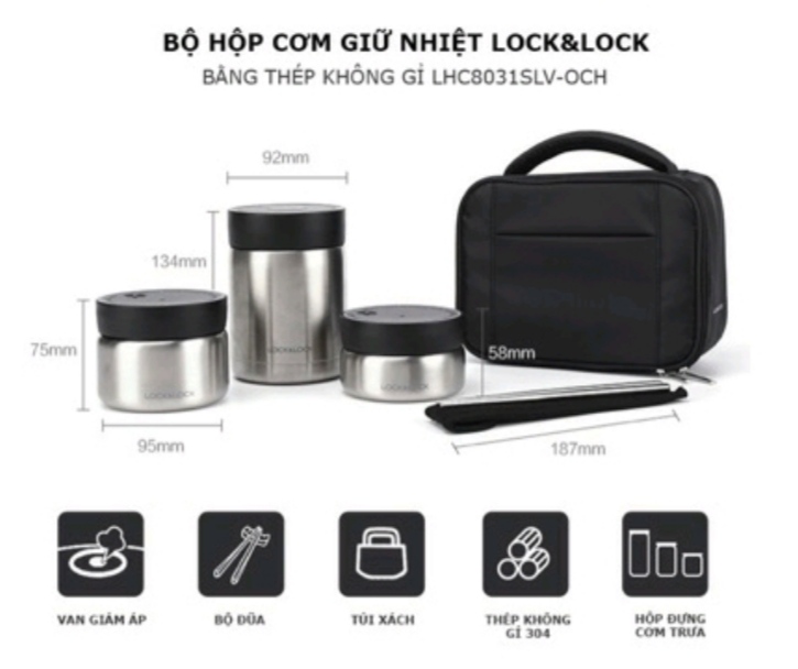 Bộ hộp cơm giữ nhiệt thép không gỉ lock&lock lhc8031slv-och