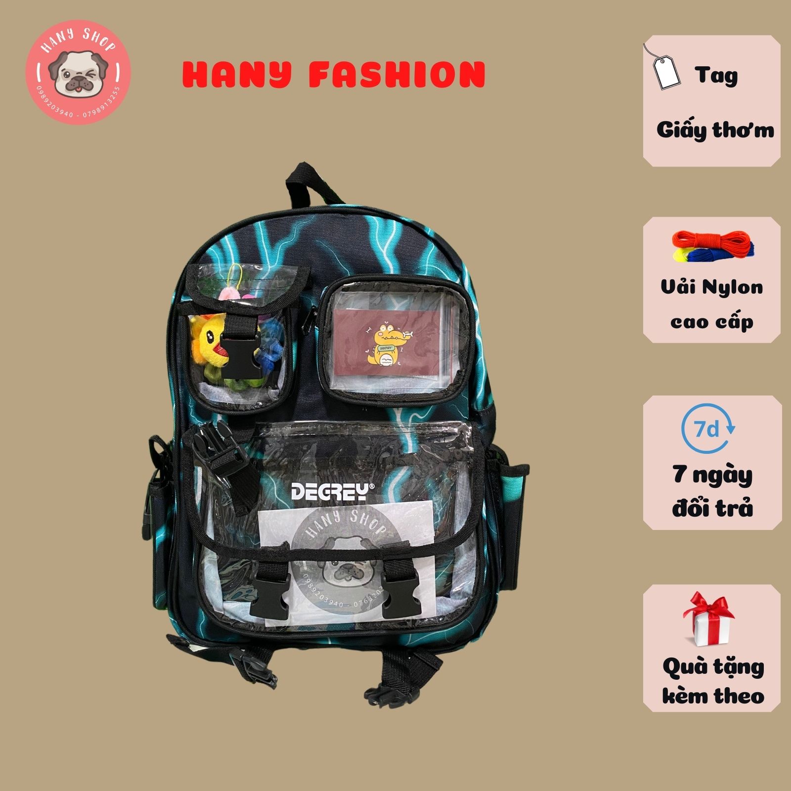Balo học sinh, cặp đi học Degrey Sấm Sét Xanh tặng kèm tag và giấy thơm BL14 Hany Fashion