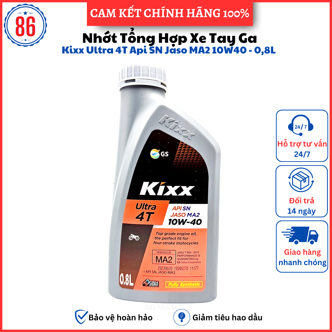 Nhớt tổng hợp xe số  Kixx Ultra 10W40 800ML Nhập Khẩu Hàn Quốc