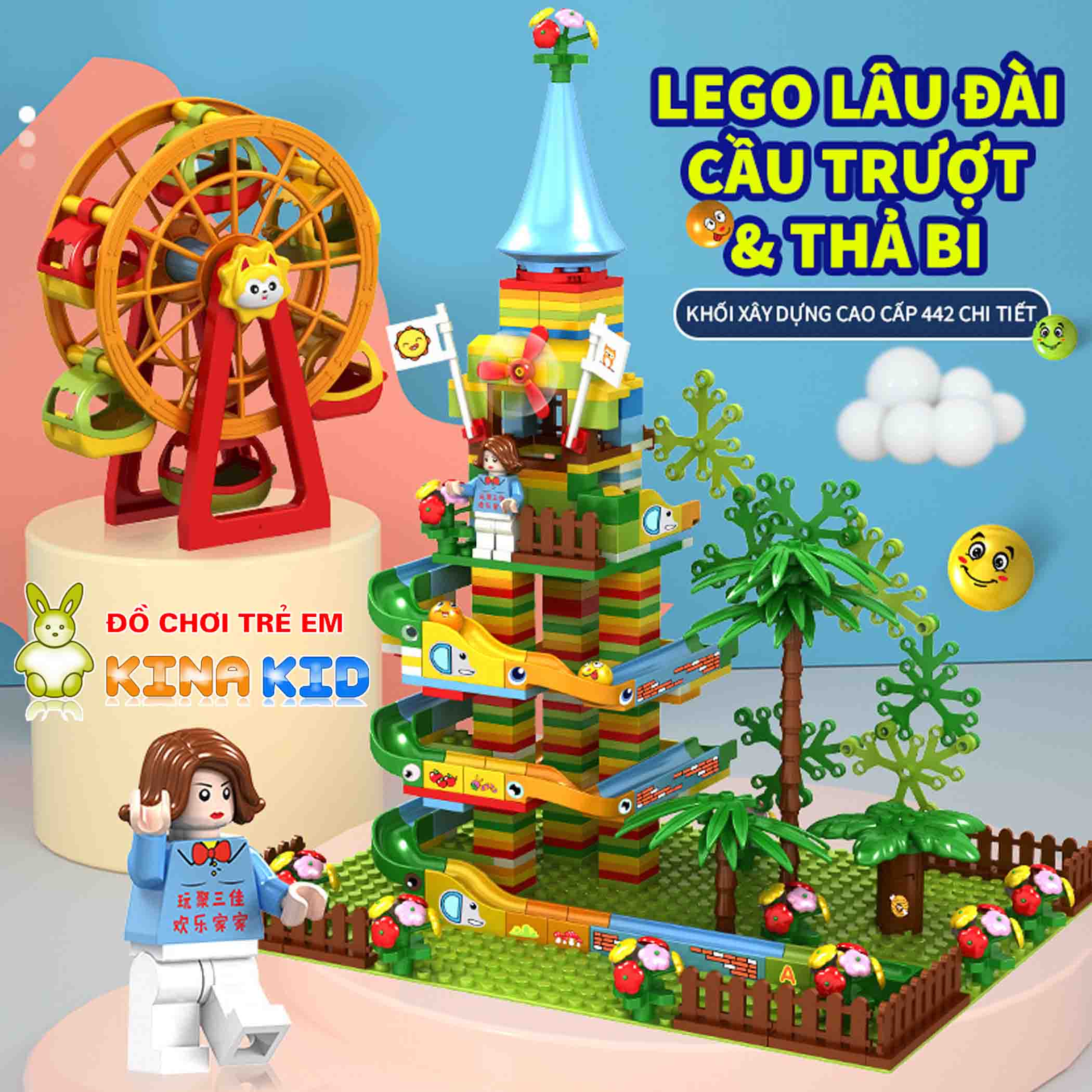 [HCM]Đồ chơi xếp hình lego cầu trượt thả bi 442 chi tiết cao cấp có lâu đài và đu quay đứng vui nhộn