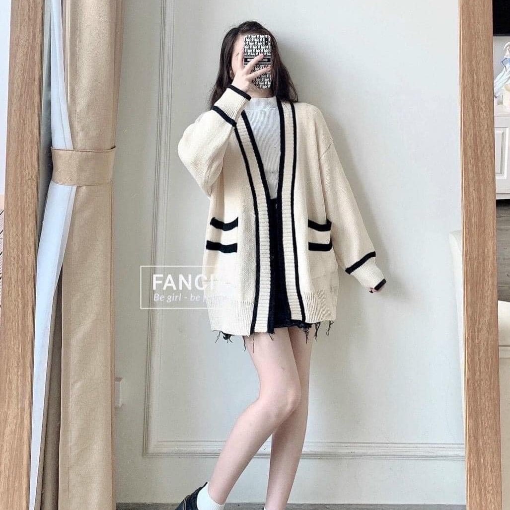 Áo khoac cardigan ullzzang phối viền túi eo vải len dệt kim cao cấp