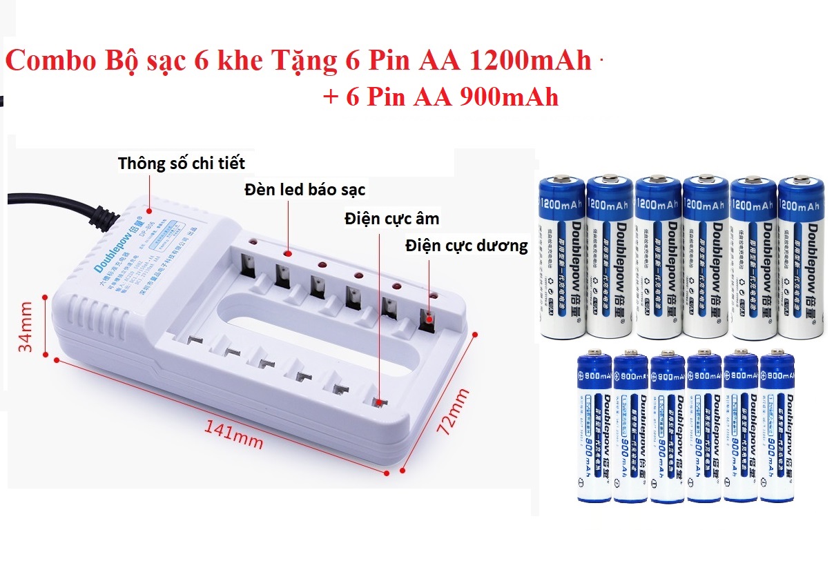 Bộ sạc pin 6 khe đa năng + 6 viên pin sạc AA 1200 mAh + 6 pin sạc AAA 900mAh Doublepow