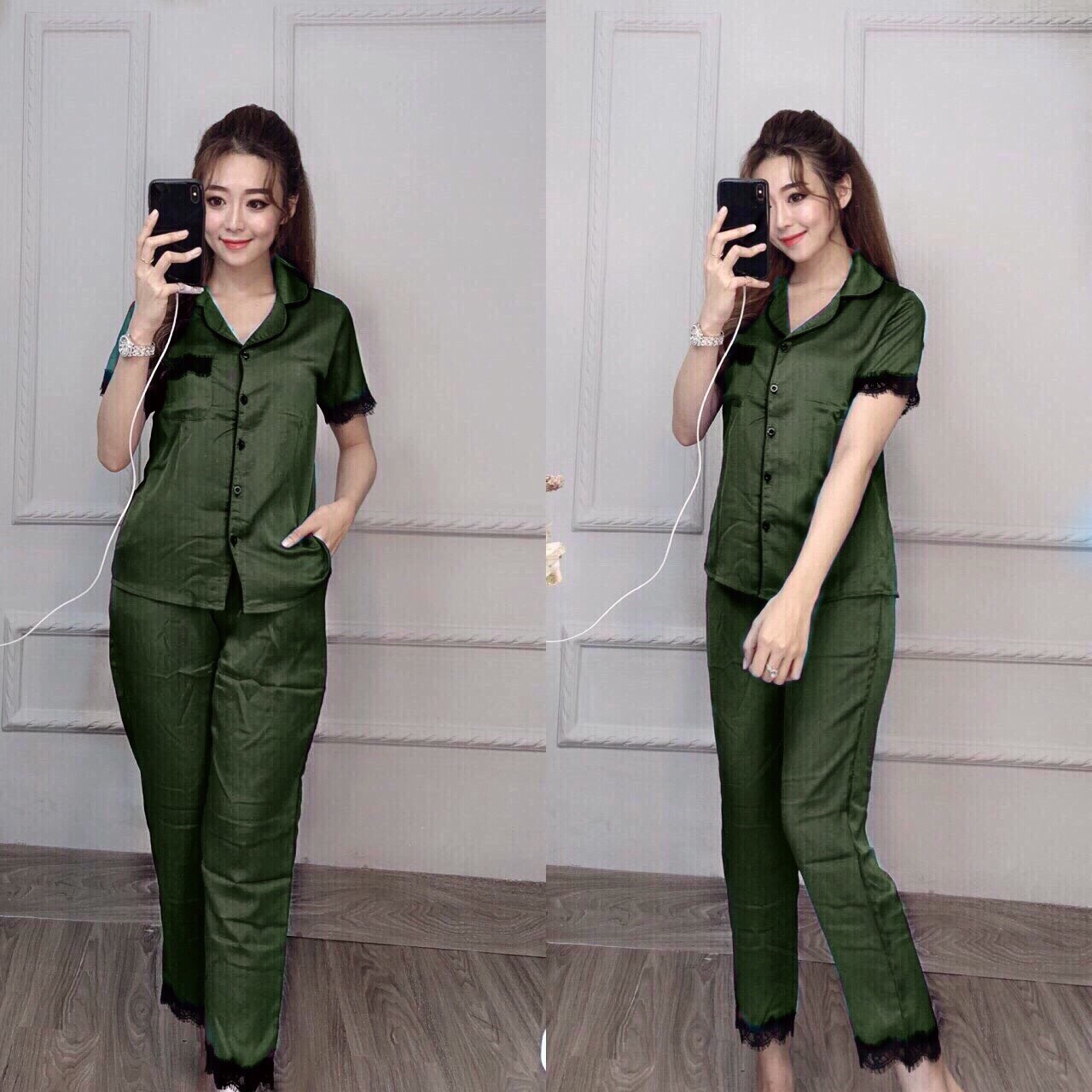 Set bộ đồ ngủ dài vải phi bóng tay phối ren thời trang OKINAWA Chất vải mềm mịn thoáng mát