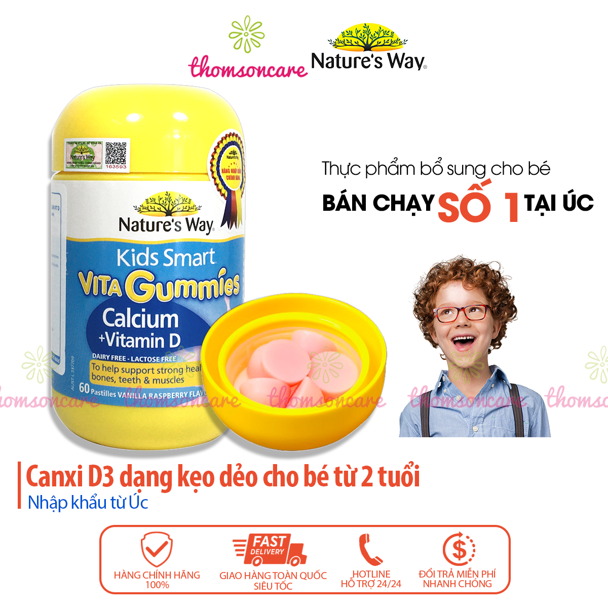 Kẹo bổ sung Canxi và D3 cho bé, nhập khẩu Úc Nature Way Kids Smart Vita Gummies Calcium và Vitamin D Hộp 60 kẹo dẻo gôm