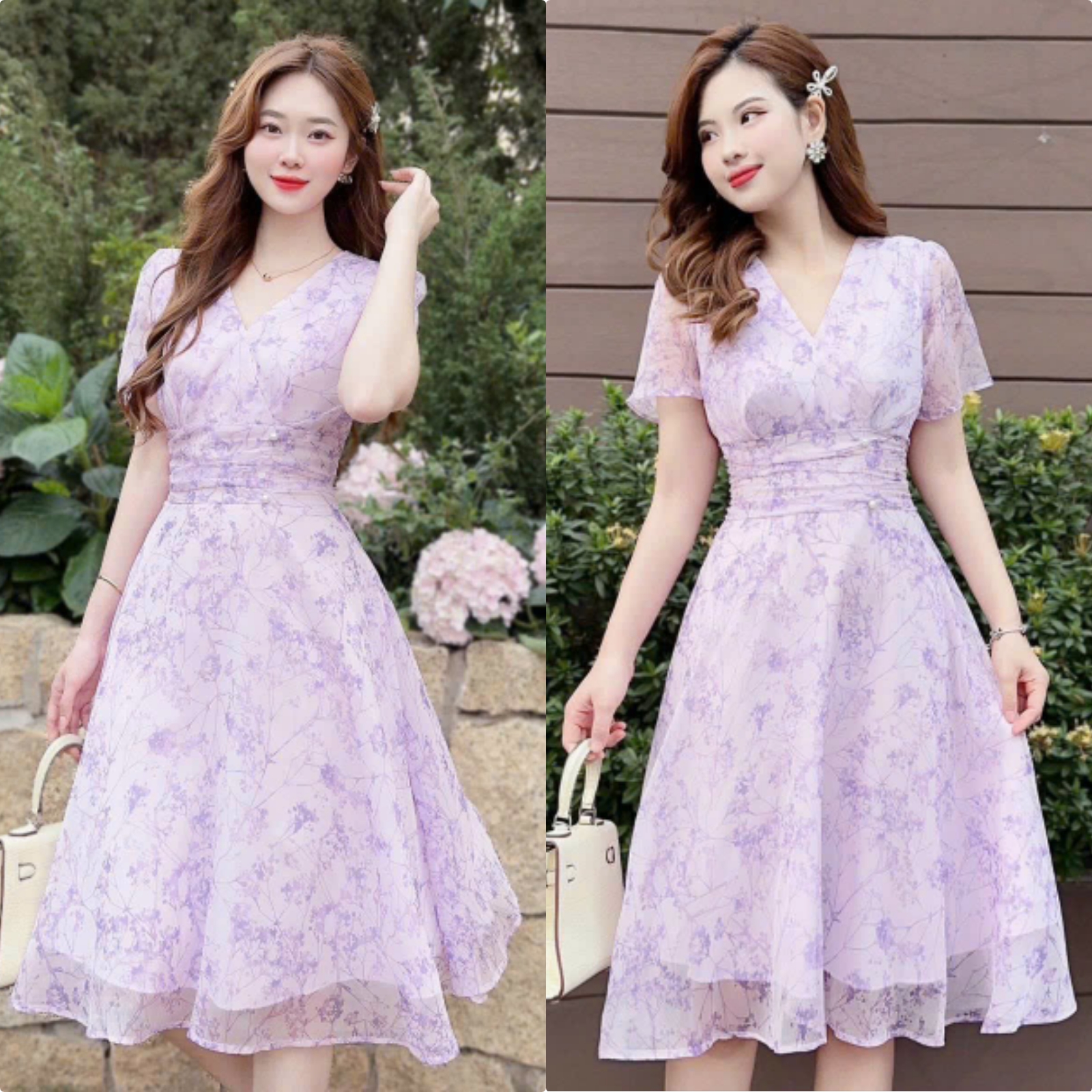 Đầm voan hoa tím tay ngắn cổ V đính cườm eo dáng váy xòe xinh xắn