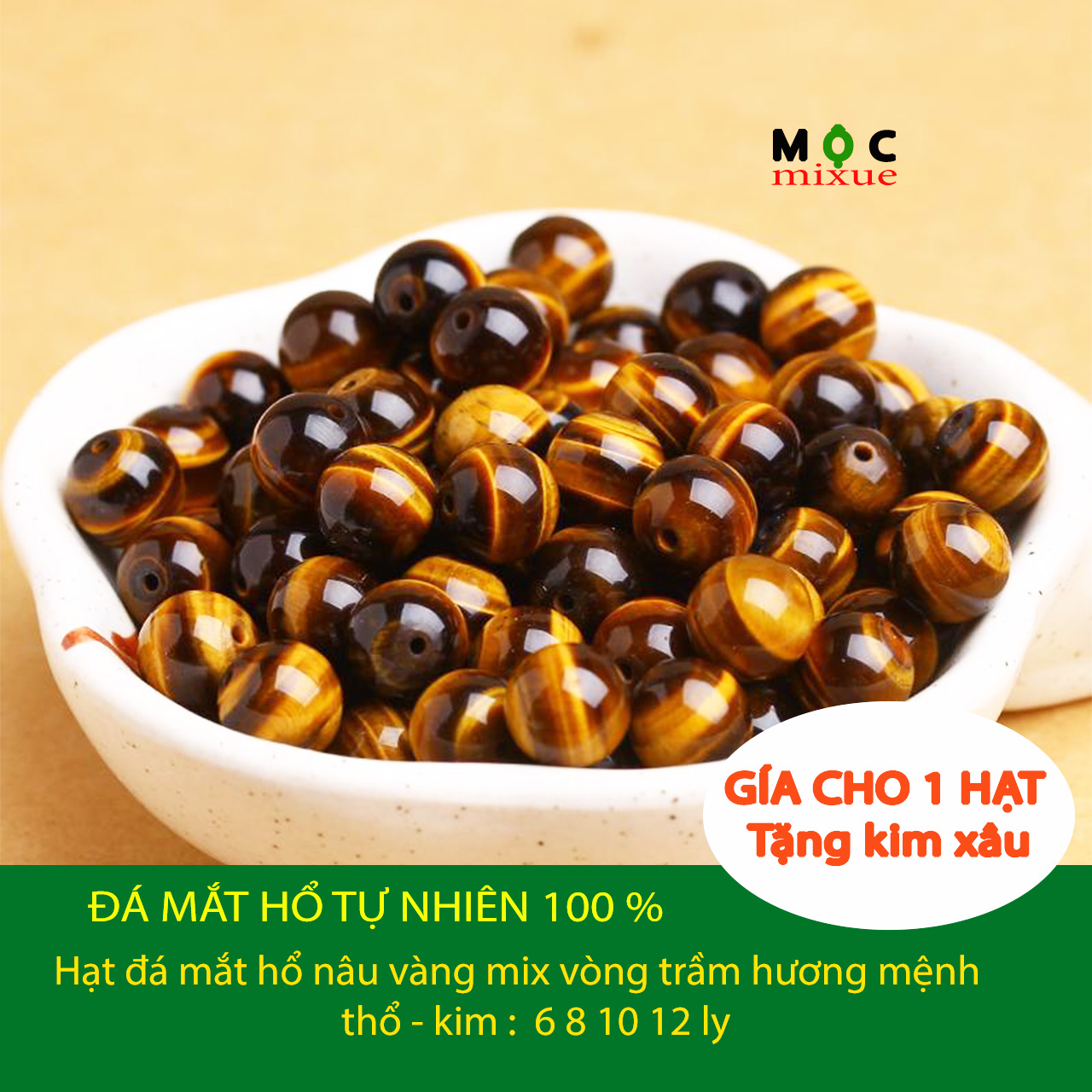 Hạt lẻ đá mắt hổ nâu vàng mix vòng trầm vòng handmade 6 8 19 12 ly - Mộc mixue