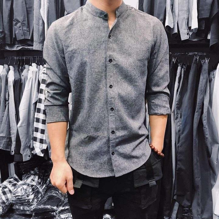 (Ảnh thật) Áo sơ mi cổ tàu nam Kojiba không nhăn thời trang  - SMT02 (Xám)