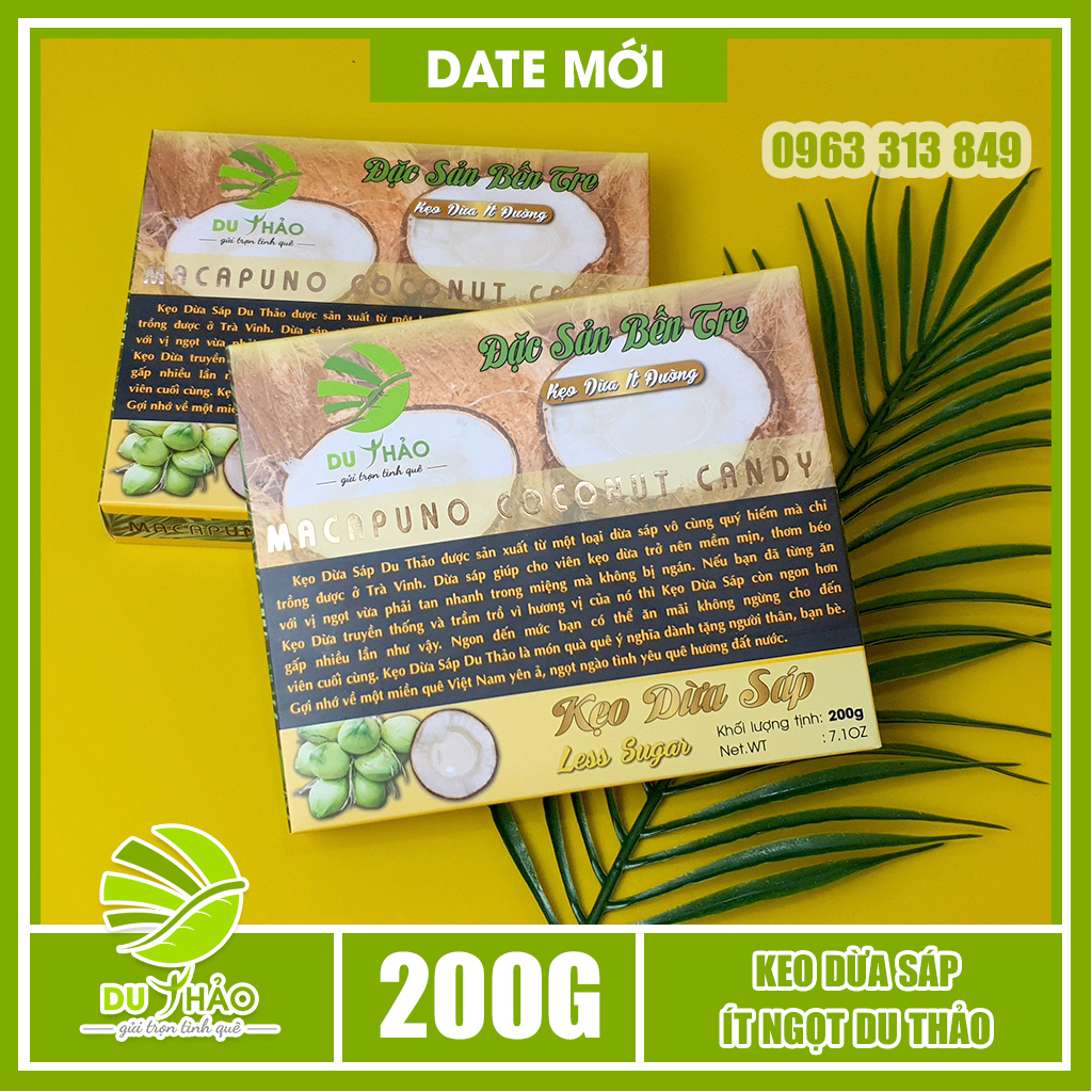 Kẹo dừa sáp Du Thảo ít ngọt Bến Tre 200g, đặc sản miền tây làm quà