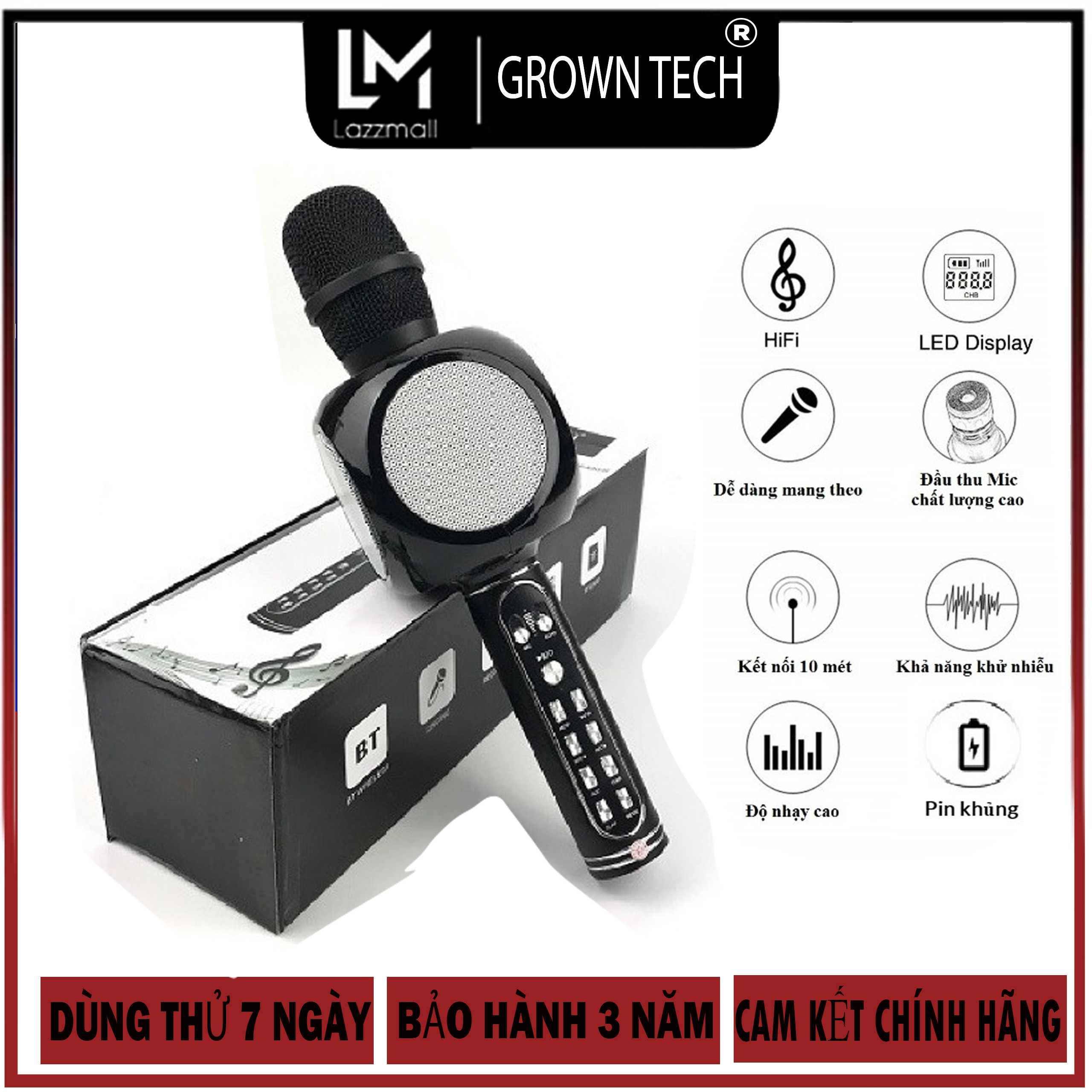 Micro hát karaoke Bluetooth GrownTech YS 90, mic kiêm loa, thu âm, lọc tiếng ồn