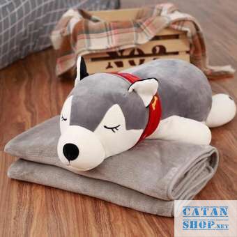 Gối mền chó Husky 3 trong 1, nỉ nhung cực mịn, bộ chăn gối văn phòng, gấu bông kèm mền