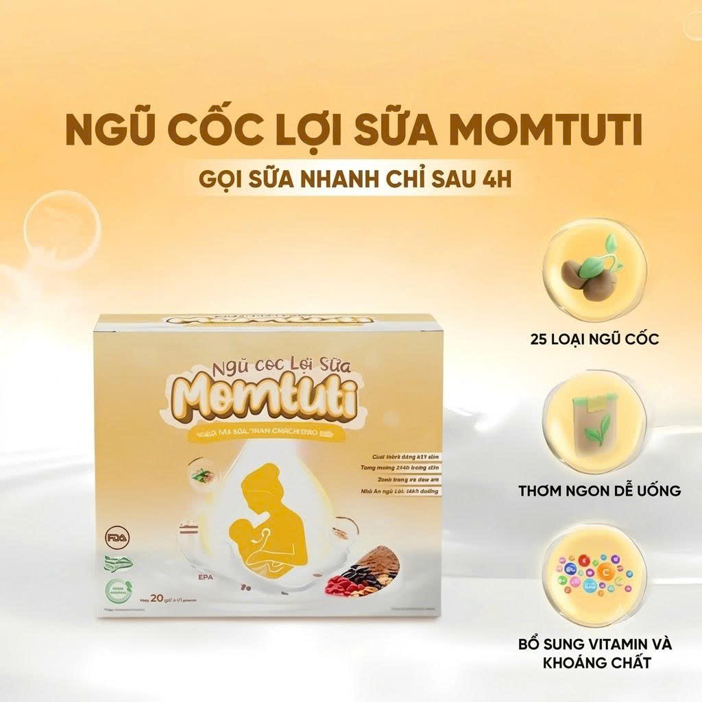 Ngũ Cốc Lợi Sữa MOMTUTI Cho Mẹ Sau Sinh Hỗ Trợ Tăng Tiết Sữa, Thơm Ngon Dễ Uống Hộp 20 Gói