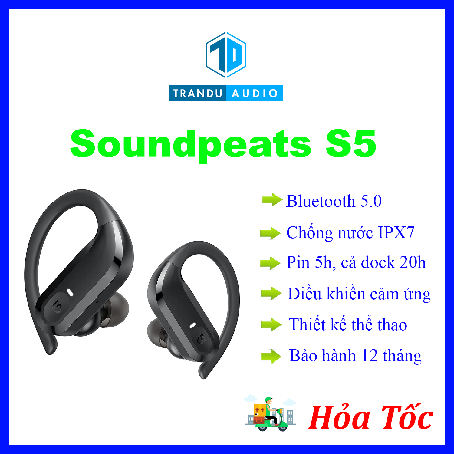 Tai nghe true wireless thể thao soundpeats s5, new seal, pin 5h, cảm ứng, bảo hành 12 tháng chính hãng | trần du audio