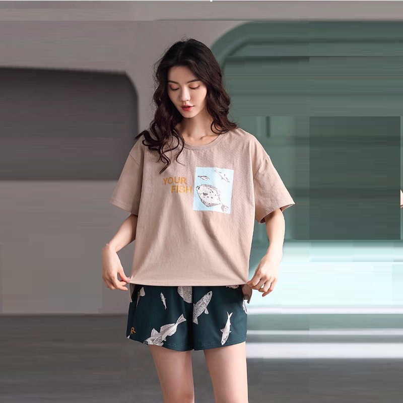 Bộ short mặc nha nữ mùa hè thun cotton áo ghi xám Your fish